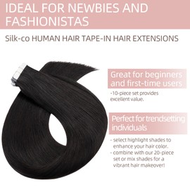 Silk-co Tape in Hair Extensions 16in 100% Real Remy Straight Human Hair Straight Invisible Glue Skin Weft 10 Pcs 25g #1B Natural Black