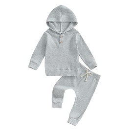 fhutpw Baby Girl Boy Clothes Long Sleeve Knitted Cotton Hoodie & Pants Sets Infant 3 6 12 18 Months Fall Winter Outfits (Grey, 6-12 Months)