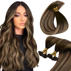 Sunny Keratin Hair Extensions Brown Balayage U Tip Hair Extensions Human Hair Medium Brown Balayage Caramel Blonde with Highlight Utips Human Hair Extensions Pre Bonded Hair Extensions 18inch 50G
