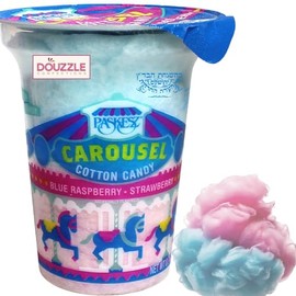 DOUzzle Carousel Cotton Candy - Pink & Blue Spun Floss Sugar Retro Candy, Raspberry & Strawberry Flavor (1 Pack) Carnival Snack, Party Favor, Goodie Bag & Pinata Filler - Kosher