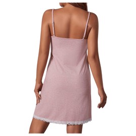 SweatyRocks Women's Sleeveless Lace Trim Nightgown Spaghetti Strap Cami Night Dress Sleepwear Dusty Pink L