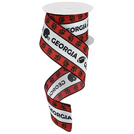 Georgia Print Wired Ribbon Footballs Helmets and Paws for Wreaths Floral Arrangements Gift Wrapping Crafting Red/White/Black, 2.5 Inch x 10 Yards Roll, 1 Roll Per Package