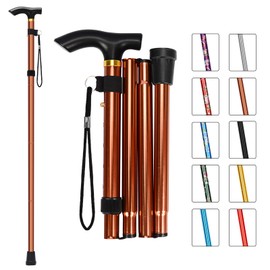 MFE Folding Cane, Portable 5-Level Adjustable Height Walking Stick with Foldable Design, Wrist Strap, and T Handle for Men and Women, Khaki