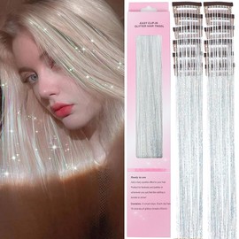 Hair Tinsel 12 Pcs Clip inKit for Girls 22 Inch Glitter Fairy Tinsel Hair Extensions Colorful Heat Resistant Party Festival Hair Accessories for Women Kids (silver)