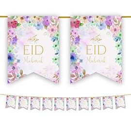 Eid Mubarak Bunting Decorations (Floral Pastel Watercolour Design) - Happy Eid Mubarak Banner, Bunting Flags Hanging Decor for Home Domes Lanterns Moon