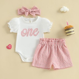 HZPHQY Toddler Baby Girl First 1st Birthday Outfit Short Sleeve Romper Onesie Shorts Sets Infant Summer Clothes (A Pink One, 12-18 Months)