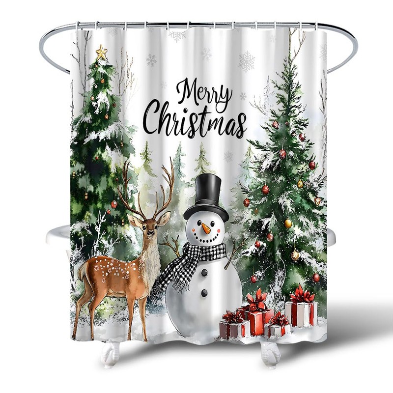 MZYZAF Farmhouse Christmas Forest Shower Curtain Winter Snowman, 70X70Inch