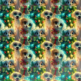 Puppy & Kitten Christmas Wrapping Paper Neon Lights Glow Veterinary Staff Dog Lovers Exclusive Graphic Veterinarian Vet Tech Nurse Assistant Gift Wrap Present Gift Clinic Rescue Pet Lover (30" x 72")