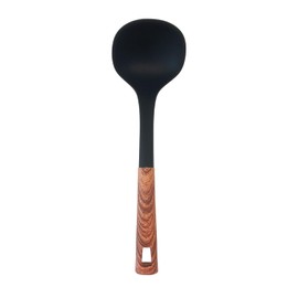 JS Gourmet Soft Touch Nylon Ladle Spoon with Wood Grain Handle and Hanging Hole, Heat Resistance, Non Stick Flexible Ladle, for Canning and Pouring Soup, Chili, Gravy and More