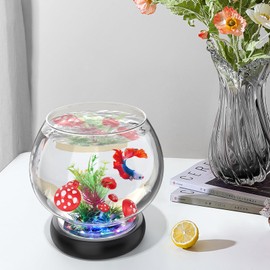 hygger 0.5 Gallon/1 Gallon Glass Fish Bowl with LED Light and Decor, Small Round Betta Fish Tank Goldfish Bowl, Round Clear Unbreakable Aquarium/Vase/Hydroponic Plant Terrarium, Nice Centerpieces