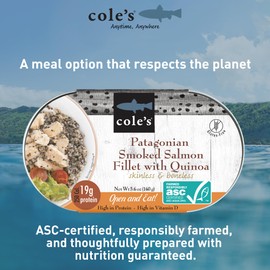 COLE’S - Patagonian Smoked Salmon Fillet with Quinoa| Ready to Eat Meal | 5.6 oz Hand-Packed Canned Fish | 19g Protein | High in Vitamin D | 6 pack