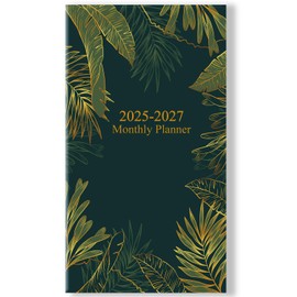 2025-2027 Mini Pocket Planner – July 2025 to June 2027, 3.5" x 6.5" Saddle-Stitched Monthly Calendar with Notes Pages – Compact Organizer for Purse, Office & Travel,Green Glod Leaf