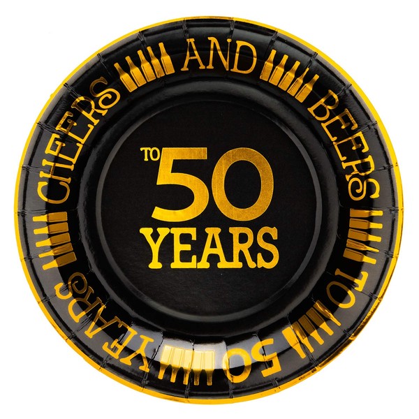 Crisky 50th Birthday Plates Black and Gold 9 inches 50 Pack, for Dessert, Buffet, Cake, Lunch, Dinner Plates for 50th Birthday Decorations Party Supplies, Cheers to 50 Years!