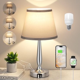 Kakanuo Touch Table Lamp for Bedroom, Small Bedside Lamp with USB C Charging Port, 3 Way Dimmable Touch Control Nightstand Lamp for Living Room and Office, Gray Shade and Silver Base