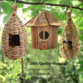 Hamiledyi Humming Bird Houses Nest, Hand Woven Wooden Vintage Chickadee Finch Hut Outdoor Hanging Natural Grass Birdhouse Nest for Canary Finches Robin Wren- Set of 3