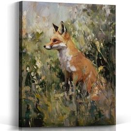 Voxitura Farmhouse Fox Wall Art Canvas, Vintage Cottage Wall Decor Living Room Bathroom, Rustic Floral Paintings Pictures Prints Framed Decorations for Bedroom Kitchen 12x15in