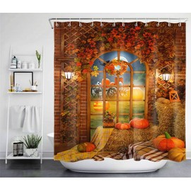 Fall Thanksgiving Shower Curtain,Autumn Maple Leaf Harvest Straw Pumpkin Shower Curtains for Bathroom Waterproof Polyester Fabric Rustic Farmhouse Curtain with 12 Hooks 72x72 inches