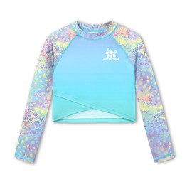 BesserBay Child Girls Mock Neck UV Protection Swimwear Crop Top Color Block Blue Gradient Leopard Long Sleeve Rash Guard Top 9-10 Years