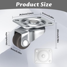 Zikenis Pack of 12 12 mm Small Furniture Castors, 360 Degree Swivel Castors, Small Castors, Silent, Transport Castors, Wheels with Screws, for Small Furniture, Table, Cabinet, Trolley, Brown