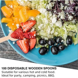 Pack of 100 Disposable Wooden Cutlery Spoons Set Biodegradable Eco Friendly 100% Birch Wood-Sturdy, Christmas, Parties, BBQ, Picnic,s Birthdays, Wedding (100)