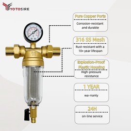 Spin Down Sediment Water Filter System with Pressure Gauge, 100 Micron Stainless Steel filter Mesh Pre-Filter for City/Well Water, 1" MNPT & 3/4" FNPT/MNPT Ports, Easy Backwash Cleaning