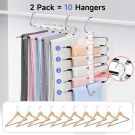 KOMCLUB 2 Pack Trouser Hangers Space Saving 5 In 1 Non-Slip Multifunctional Pants Rack Stainless Steel Foldable Two Hanging Modes Organizer For Pants Jeans Clothes Scarf Towels (Black With 20 Clips)