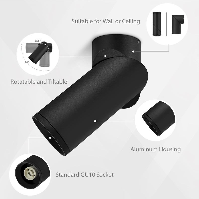 KYOTECH Set of 2 Surface-Mounted Spotlights, Black, Swivelling Surface-Mounted Spotlight