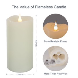 TECHLONG Flameless Candles with Remote Timer, 3D Moving Flickering Flame Battery Operated Candles Lasting 1000+ Hours, 6" x 3" Ivory Real Wax Electric LED Pillar Candles, Set of 2