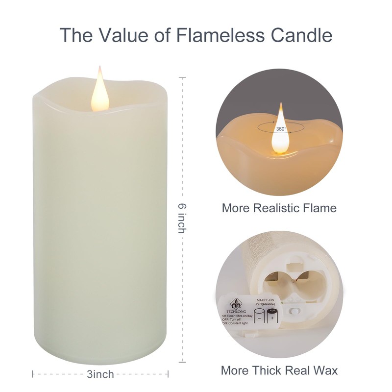 TECHLONG Flameless Candles with Remote Timer, 3D Moving Flickering Flame