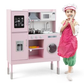 KOTEK Play Kitchen with Lights and Sounds, Wooden Toddler Kitchen Playset with Ice Maker, Washing Machine, Range Hood, 16 Pcs Toy Food & Cookware, Gift Chef Pretend Kitchen Set for Kids (Pink)