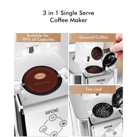 SIFENE single serve coffee machine 3 in 1 pod coffee maker for k-pod capsule ground brewer leaf tea maker 6 to 10 ounce cup removable 50oz water reservoir white