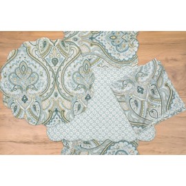 AMHERST BLUE Quilted Reversible 51" Table Runner by C&F - Blues, Green, Tan