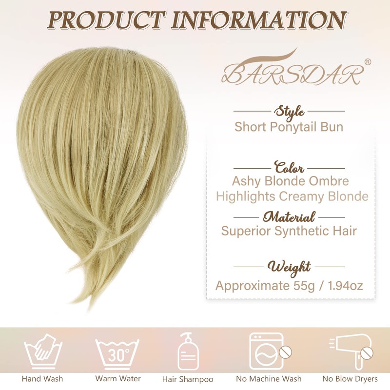 BARSDAR Hair Bun Ponytail Extension, Straight Synthetic Hairpiece Fully Short