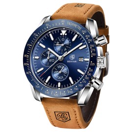 BENYAR Men's Watch Quartz Sports Chronograph Fashion Business Luxury Brand Waterproof Watch Analog Date Men's Brown Leather Watch for Men ((Brown Silver Blue)