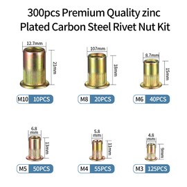 Set of 300 Rivet Nuts, Blind Rivet Nuts, Flat Head Threaded Sleeves, Screw-In Nut Assortment, Carbon Steel Colour Zinc Rivet Nuts - M3/M4/M5/M6/M8/M10