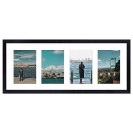 EYMPEU 4x6 Four Opening Picture Frame with Mat or 8x20 Frame without Mat, Black 4 Pciture Frame Collage for 4 x 6 Photo, Horizontal or Vertical Display for Wall, Black 4 Opening 1 Pack