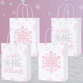 Fangleland 16pcs Winter Onederland 1st Birthday Party Favor Bags, Pink Silver Snowflake Goodie Paper Treat Bags for First Birthday Party Supplies