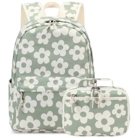 LEDAOU Children's School Backpack School Bag Boys Girls Teenager Backpack School with Lunch Bag Preschool Primary School, Large Flower 157 Grey Green, M