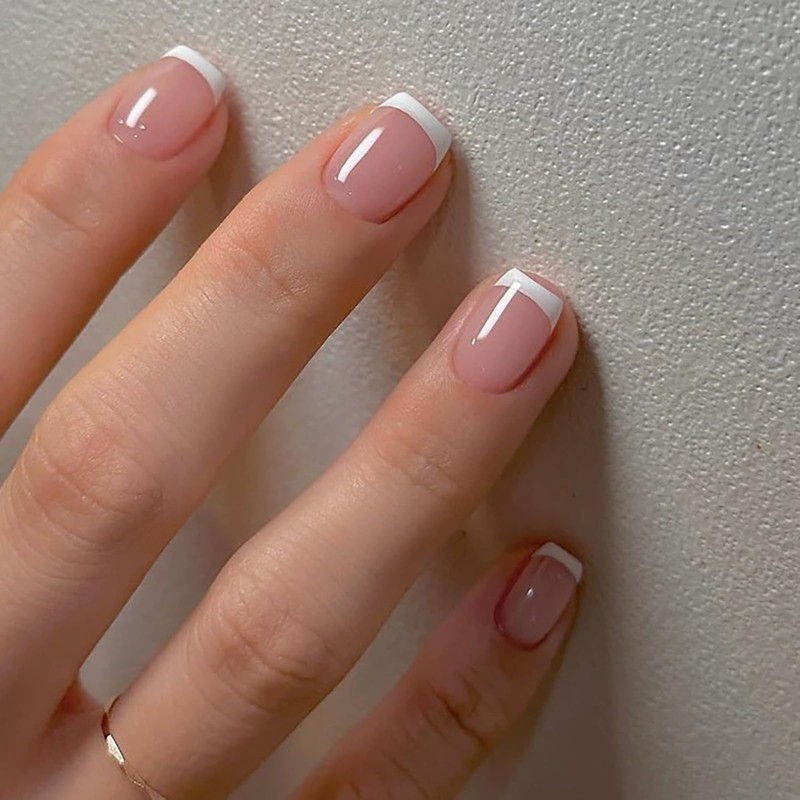 Uñas Postizas Cuadradas Cortas Con Diseños Presión, Uñas Postizas Blancas