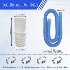 Pool Pump Replacement Hose, Pack of 2 Pool Hose 32 mm Inner Diameter Length 150 cm, with 4 Safety Clips, Pool Hose for Pool Pumps, Filter Replacement Hose, for Pool and Swimming Pool (Blue)