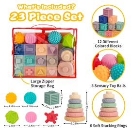 SpringFlower 3 in 1 Montessori Toys for Babies 0-3-6-12 Months, Soft Baby Teething, Stacking Building Blocks for Infants, Sensory Developmental Education Toys for Toddler Baby 12-18 Months,23 PCS