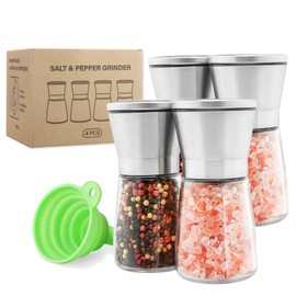 Mikinya Salt and Pepper Grinder Set - Adjustable Coarseness, Refillable Stainless Steel Pepper Mill Grinders for Kitchen - Elegant Glass Design - Compact Size - Perfect Kitchen Companion (4 Pack)