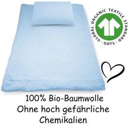 PinkZebra Muslin Children's Bed Linen 100 x 135 cm + 40 x 60 cm, Bed Linen Made from Non-GMO 100% Organic Cotton for Girls and Boys, GOTS Certification, Duvet Cover Made in EU, Blue