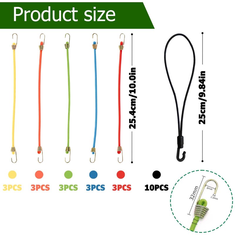 DITK-U 25 Pack Small Bungee Cords with Hooks 10 Inch