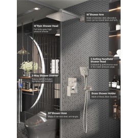 Gabrylly Shower System, Wall Mounted Shower Faucets Sets Complete for Bathroom with High Pressure 10" Rain Shower head and 3-Setting Handheld Shower Head Set, 2 Way Shower Valve Kit, Brushed Nickel