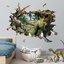 decalmile Wall Tattoo Dinosaur 3D Wall Breakthrough Wall Sticker Jurassic World Dino Wall Sticker Boys Living Room Bedroom Children's Room Wall Decoration