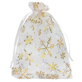 Jexila 100 Christmas Organza Bags 5x7 Inch Gold Snowflake Drawstring Jewelry Gift Bags for Christmas Wedding Party