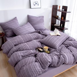 BESTDESIL Purple Duvet Cover King Size,3Pcs Microfiber Tufted Duvet Cover Set,Boho Striped Tufted Textured Duvet Cover with Corner Ties & Zipper Closure