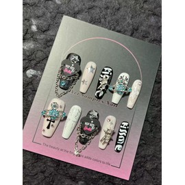 Handmade Press on Nails Long MouyouGlow, Ballerina Black Letter 3D Planet Star Cross Cool Y2K Coquette Spice Girls Resuable Fake Nails, Handmade Artificial Fingernails, 10 Pieces (75-M Size)