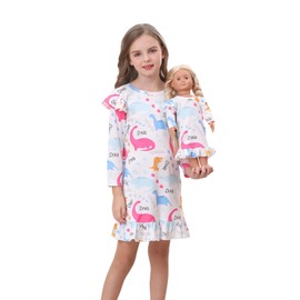 Bow Dream Toddler Girls Casual Dress and Matching American Girl Doll Clothes for GirlsWhite Dinosaur Size 130